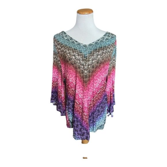 Womens Democracy Multi-Colored Printed V Neck Boho Tunic Top - Sz L - Picture 2 of 3